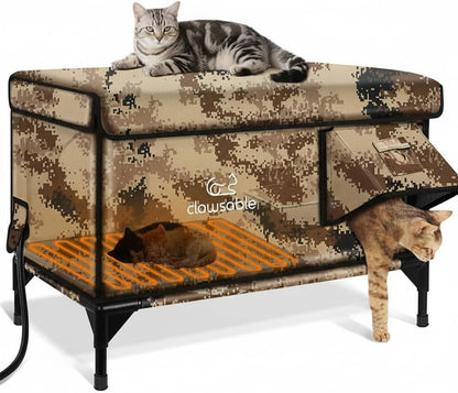 Indestructible X-Large Heated Cat House for Outside Winter, 100% Waterproof, Safe Escape Door, Insulated Outdoor Cat Shelter with Heater for Feral Barn Cat Kitty (Desert Camouflage, 30"x17"x20")
