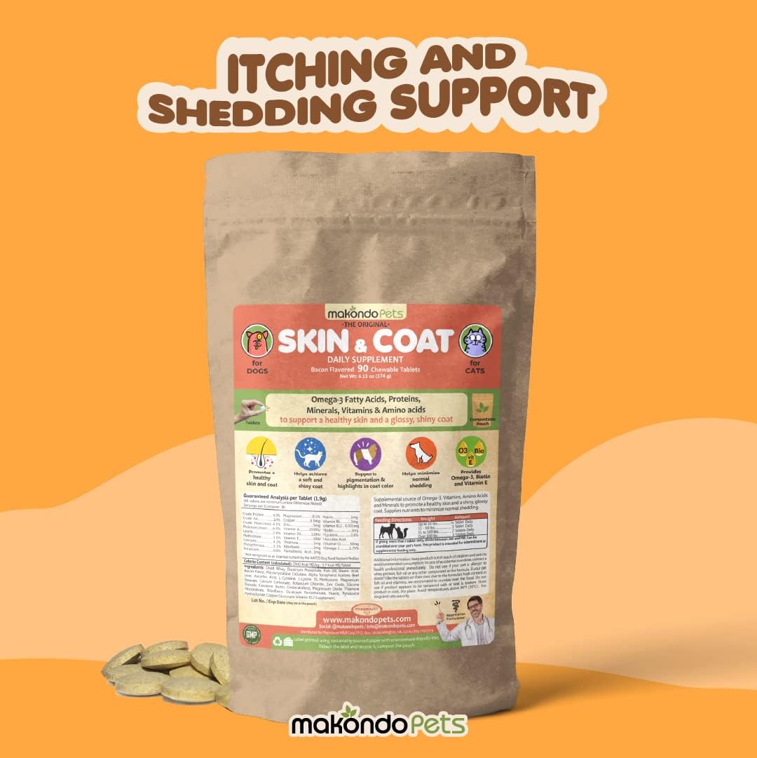 Skin and Coat Supplement with Fish Oil and Omega 3 for Dogs and Cats - Dog Itch Relief Pet Supplement for Shedding, Dry Itchy Skin and Allergies - Dog Allergy Treatment Vitamins (90 Tabs)