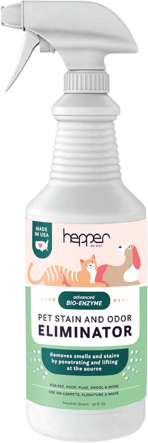 Hepper Advanced Bio-Enzyme Pet Stain & Odor Eliminator Spray - Smell, Stain & Urine Remover for Cats, Dogs & Other Animals - 32oz Spray Safe for the Home - Neutral