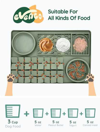 Slow Feeder Bowl Bundle: Dark Green 4in1 Licking mat (15.75" x 10.5" x 1.2") + Pink Starry Sky Feeder (4.3" x 2.9"), Silicone Lick mat with Suction Cups for Slow Eating and Keep Busy