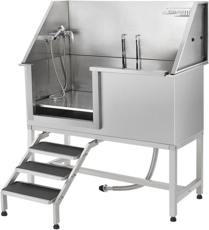 62" Pet Dog Bathing Station with Ramp, Professional Stainless Steel Dog Grooming Tub with Soap Box, Faucet, Dog Bathtub for Large,Medium,Small Pets, Washing Sink for Home