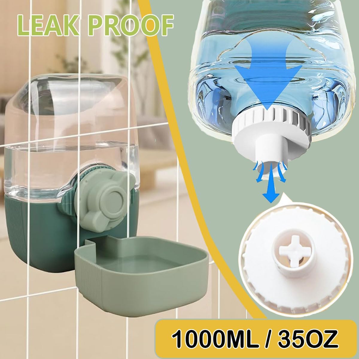 35oz Hanging Automatic Rabbit Water Dispenser, Cage Water Bottle Auto Gravity Pet Water Station for Small Animals, Puppy Kitten Rabbit Chinchilla Hedgehog Ferret, 1L(Green)