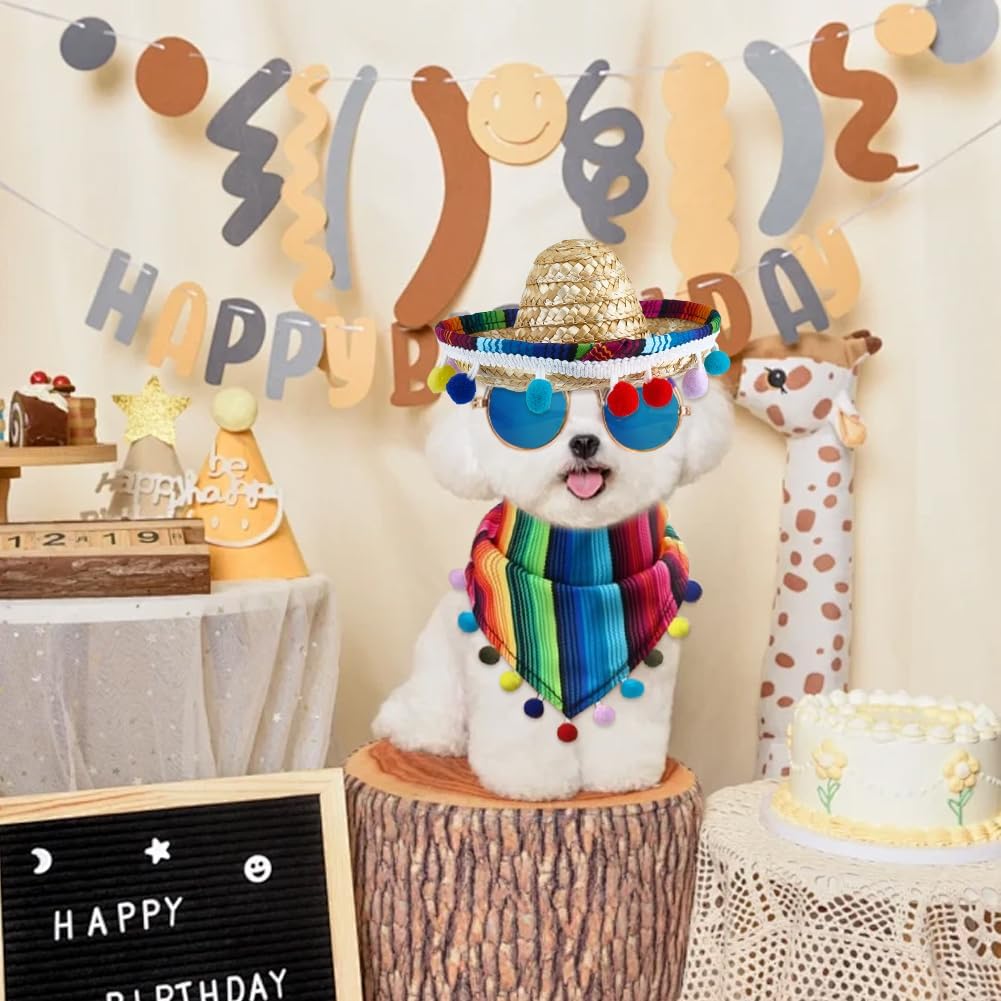 9-Piece Mexican Dog Costume Set - Cat Bandana, Triangle Bib, Sombrero, Pet Mustache Decoration, Sunglasses Decoration