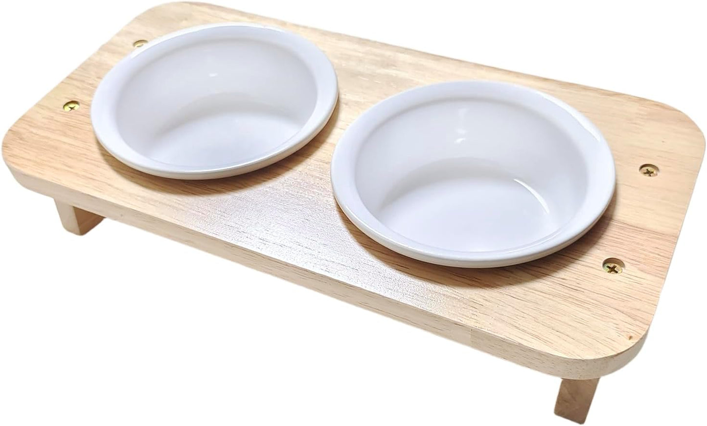 15° Tilted Elevated Cat Bowls with 2 Ceramic Dishes & Wood Base - Anti-Vomit Raised Feeder Station for Indoor Cats & Small Dogs, Dishwasher Safe