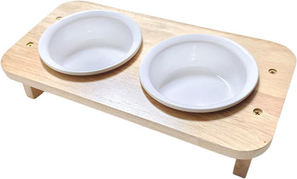15° Tilted Elevated Cat Bowls with 2 Ceramic Dishes & Wood Base - Anti-Vomit Raised Feeder Station for Indoor Cats & Small Dogs, Dishwasher Safe