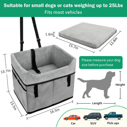 Vivifying Dog Car Seats for Small Dogs, Portable Dog Booster Car Seat with Storage Pockets and Safety Belt, Comfortable Travel Bed for Small Pets Up to 25lbs (Gray)