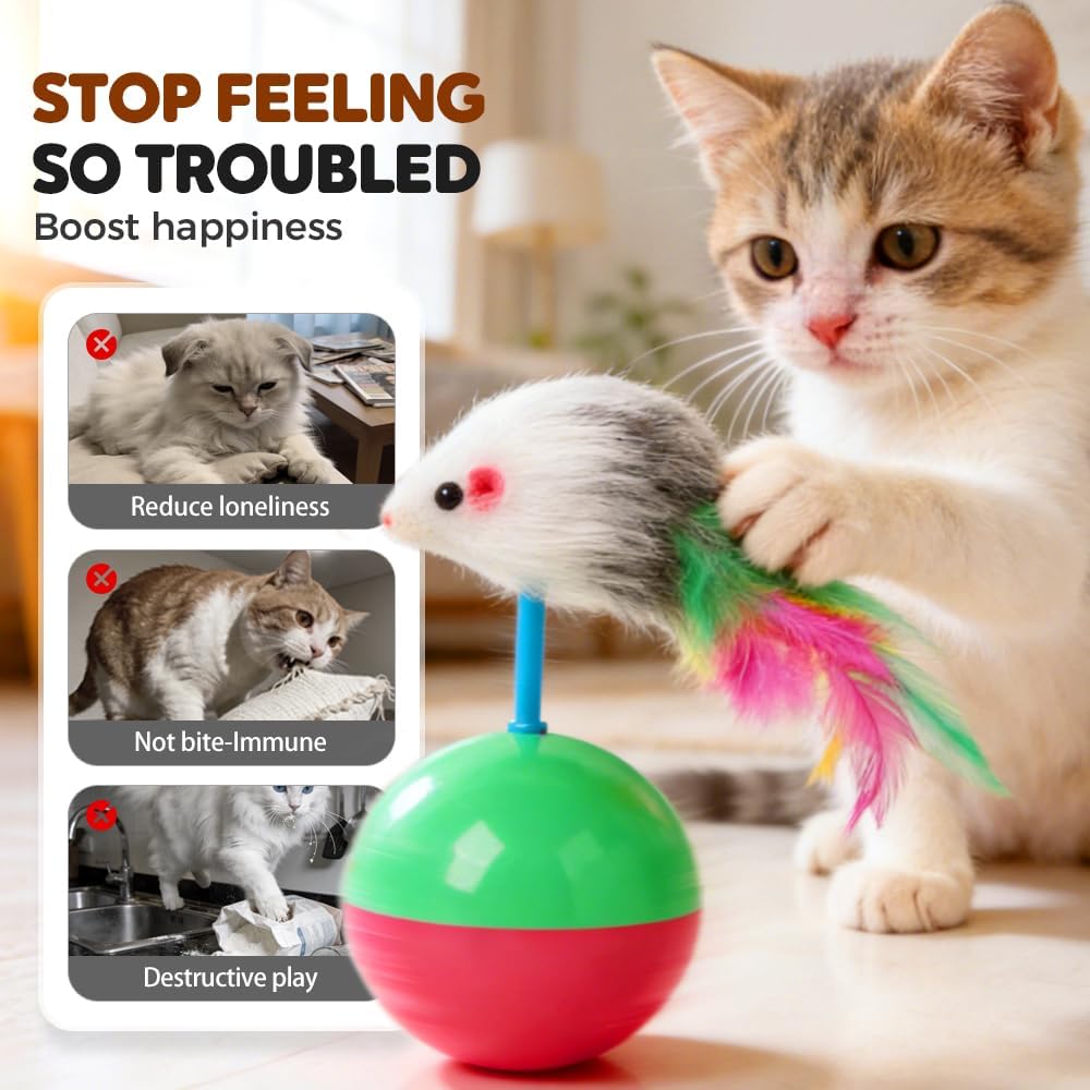 Interactive Mice Tumbler Cat Toy, 2026 New Automatic Wobbling & Rolling Interactive Toy for Indoor Cats Dog, Floppy Cat Toy Fun Play to Cure Boredom (Short Feathers-red)