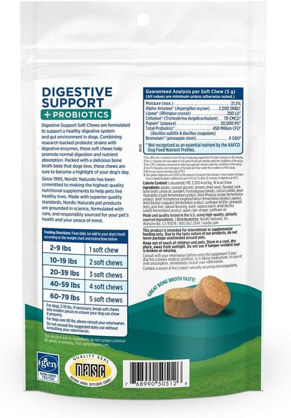 Nordic Naturals Pet Digestive Support with Probiotics, Pork Bone Broth Flavor - 30 Soft Chews - Nutritional Supplement for a Healthy Digestive System and GI Support - 30 Non-GMO Chews