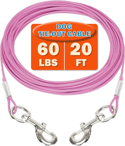 10FT Dog Tie-Out Cable for Small Dogs Up to 60 lbs - Chain Steel Dog Lead with Durable Clips, Outdoor Runner for Outside and Yard Tether (Pink, 60Ibs 20ft)