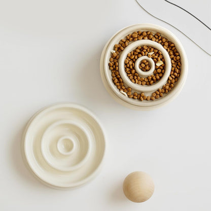 Ceramic Slow Feeder for Cats, Slow Food Bowl, Circle Shape (Bowl x 2 - Cream, 6inch)