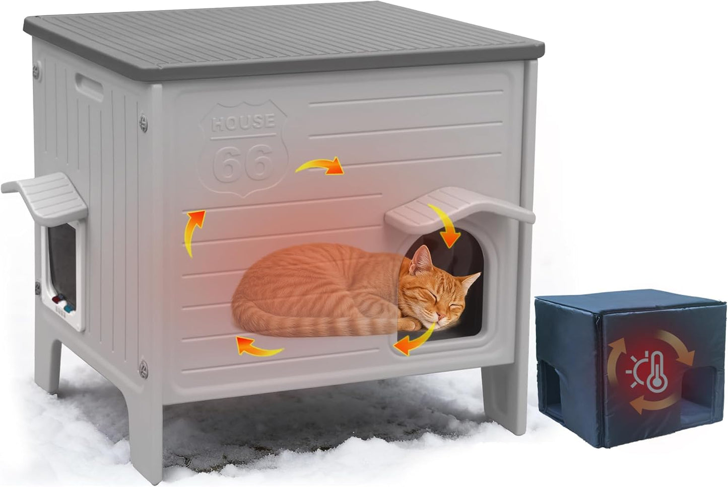 Deblue Insulated Cat House Outdoor Weatherpoof Plastic Cats Houses with Escape Door Indoor Waterproof Feral/Pet Cat Shelter Outside for Puppy, Rabbit for Winter (Grey)