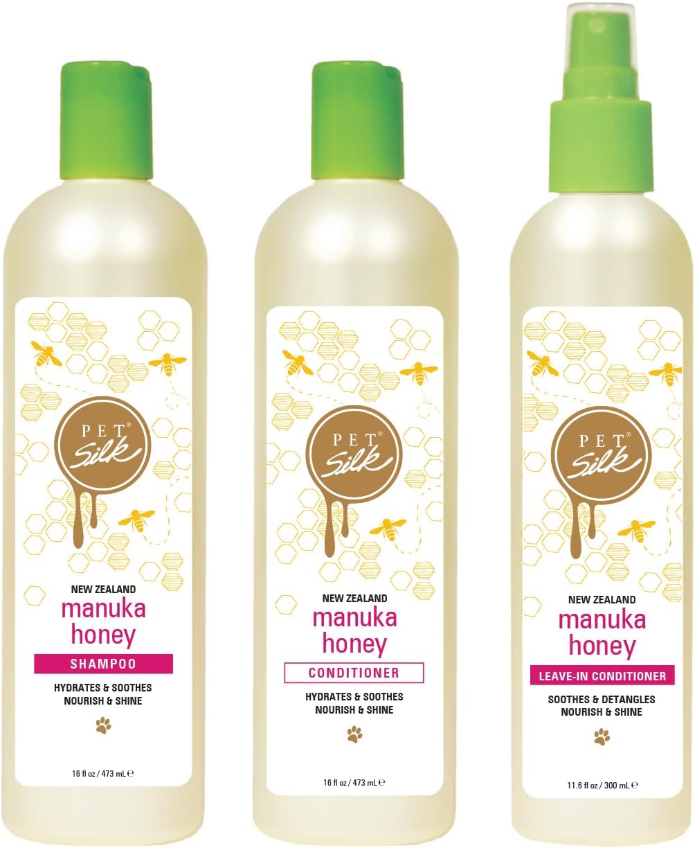Pet Silk Manuka Honey 11.6oz Leave-in Conditioner, Soothes, Detangles, Nourishes and Improves Overall Shine, Create a Stronger, Healthier Coat, Infused with Manuka Honey, Green Tea and Keratin!