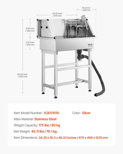 VEVOR Professional Dog Washing Station, 34 Inch Stainless Steel Pet Grooming Tub with Hot & Cold Faucet, Showerhead, Storage Rack, No-Bend All-in-One Bathtub, Home Wash Sink, Fits Small Cats and Dogs