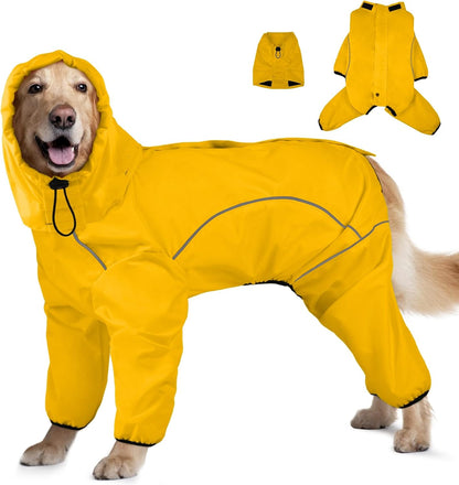 Dog Raincoat, Waterproof Dog Rain Jacket with Removable Hood，Adjustable 4 Legs Pet Poncho with Leash Hole，Reflective Stripe Hooded Snowproof Windproof Clothes for Small to 3X-Large Dogs, XL
