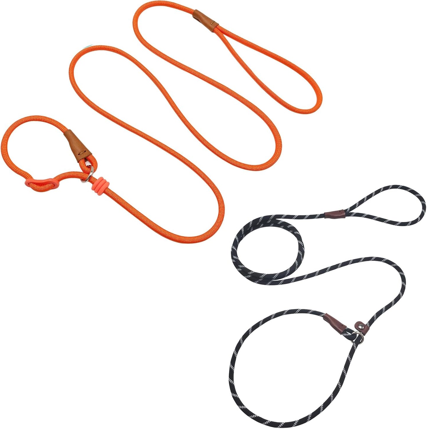 7ft Slip Lead Dog Leash + 6ft Slip Lead Dog Training Leash for Small Dogs, Black+Orange