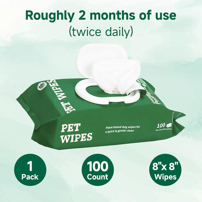 100 Count Dog Wipes for Paws and Butt, Plant-Based Gentle Ingredients, Hypoallergenic Fragrance Free Pet Wipes for Puppy Sensitive Skin Cleaning, Grooming, and Deodorizing, 8" x 8", Unscented