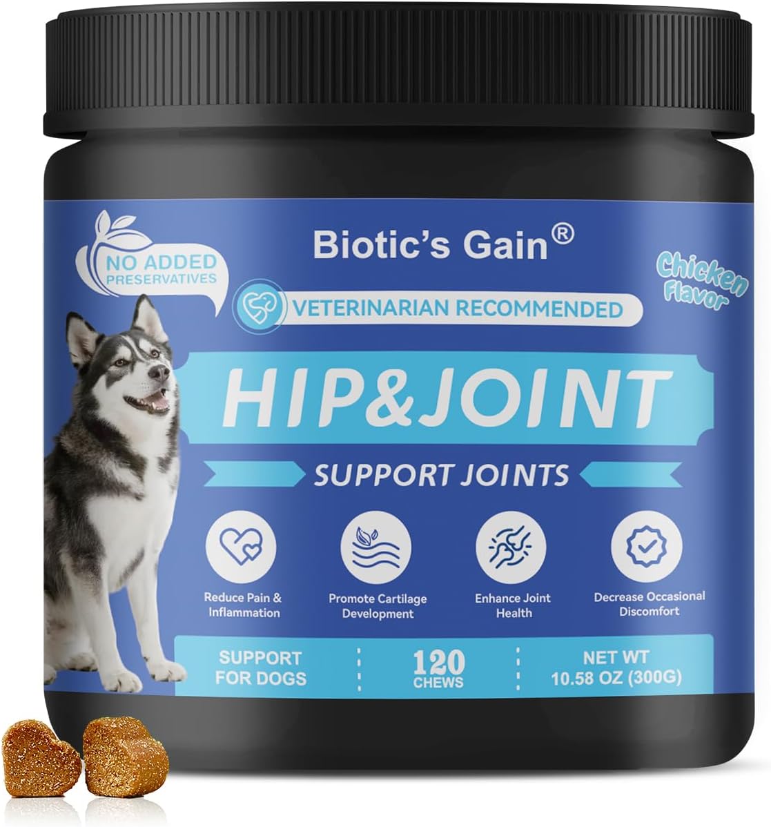 Biotic's Gain - Dog Multivitamins, 25 in 1 Complete Care, 120 Soft Chews, Chicken Flavour (120, Hip & Joint Care)