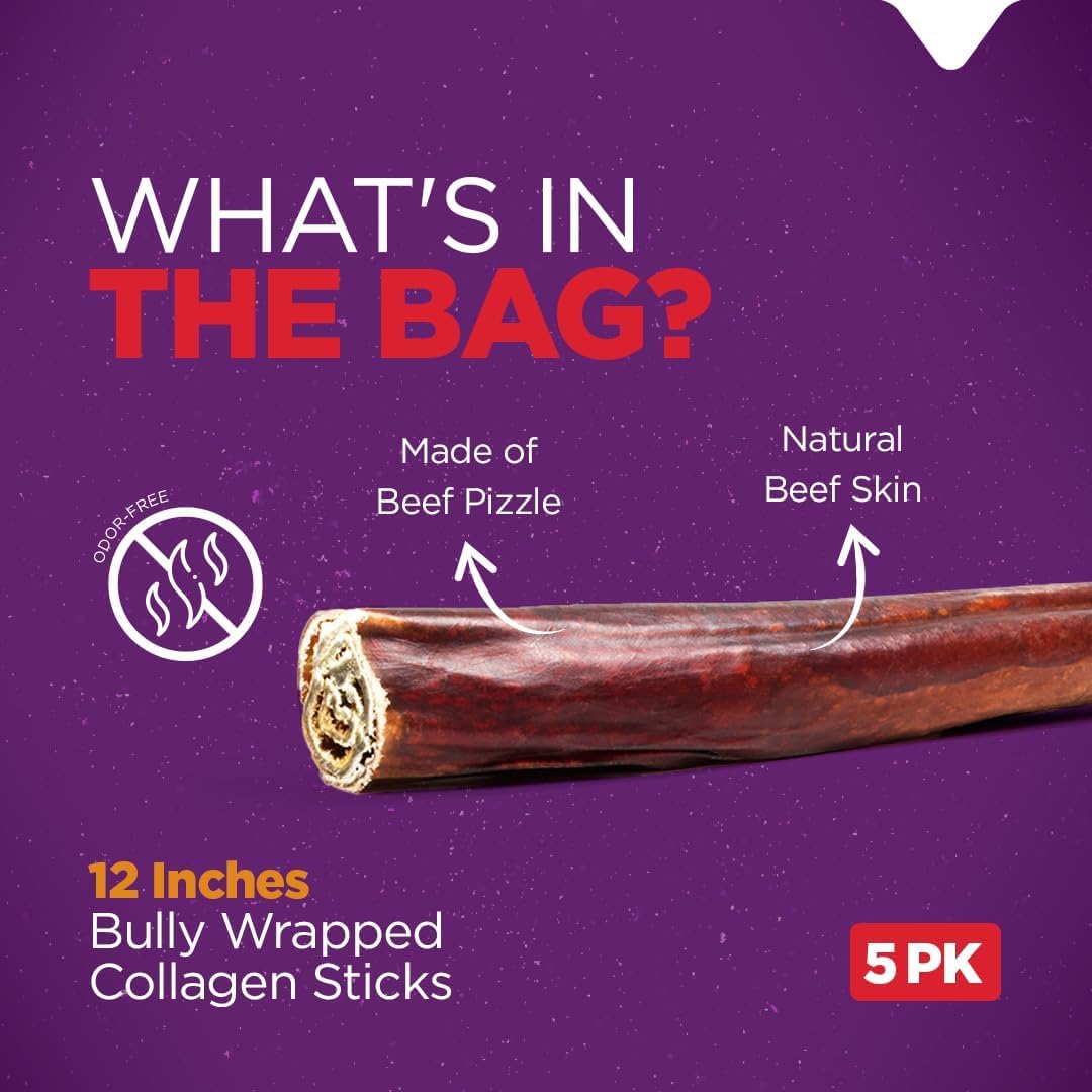 Natural Farm Bully Wrapped Collagen Sticks for Dogs (12 Inch, 12 Pack), Long-Lasting Chew with Beef Flavor & Collagen; Supports Dental Health & Satisfies Chewing Instincts; All-Natural & Tasty Treat