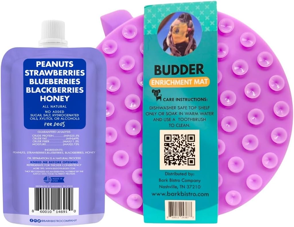 BUDDY BUDDER Bark Bistro Dog Lick Mat Set with Superberry Peanut Butter, Purple Enrichment Mat with Spatula, 4 oz Squeeze Pack