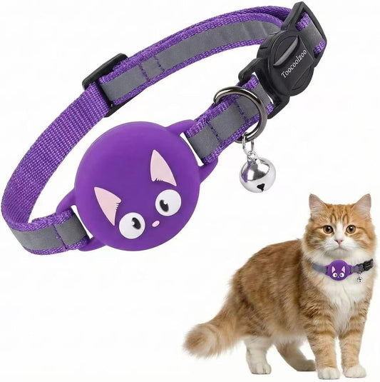 Reflective airtag cat Collar, breakawasy cat Collars witrh airtag Holder and Bell, cat Tracker Collar with Safety Elastic Band (Purple)