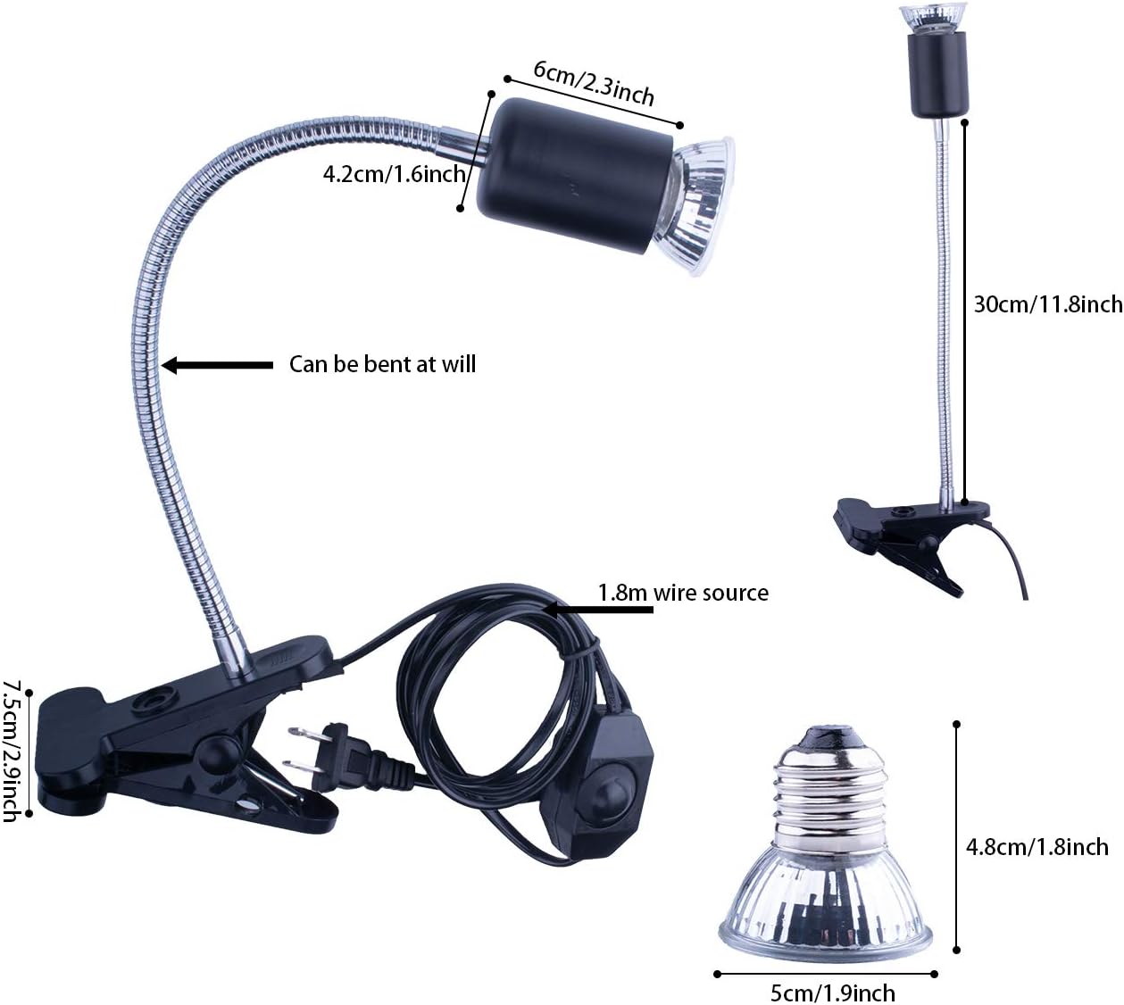 Black Reptile Heat Lamp, UVB Bulb, UVB Reptile Light Fixture, UVA UVB Reptile Light, Aquatic Turtle Heating Lamp, Turtle Aquarium Tank Heating Lamps Holder & Switch with 4 Heat Bulbs