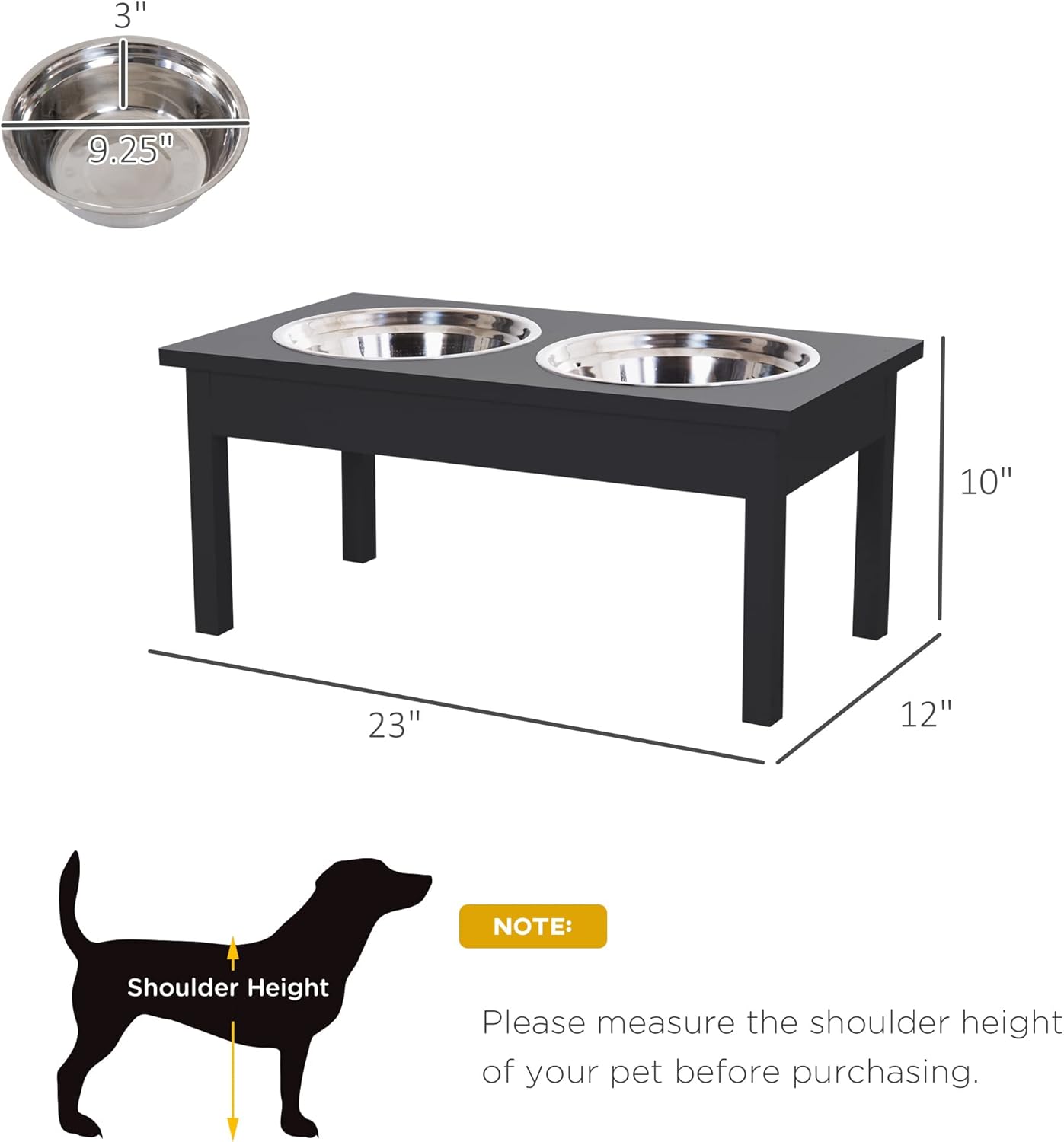 LUMILAND 23" Wooden Elevated Dog Feeding Station for Healthier Eating, Durable Design with Stainless Steel Bowls, Elegant Black Finish