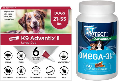 Bundle of K9 Advantix II Large Dog| Dogs 21-55 lbs. | 6-Mo Supply + Pet Protect Omega 3 Supplement for M/L Dogs | 60 Capsules