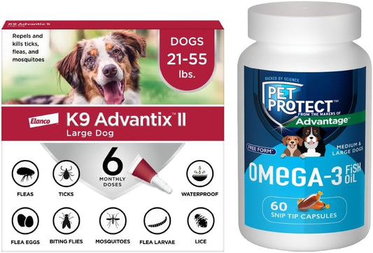 Bundle of K9 Advantix II Large Dog| Dogs 21-55 lbs. | 6-Mo Supply + Pet Protect Omega 3 Supplement for M/L Dogs | 60 Capsules
