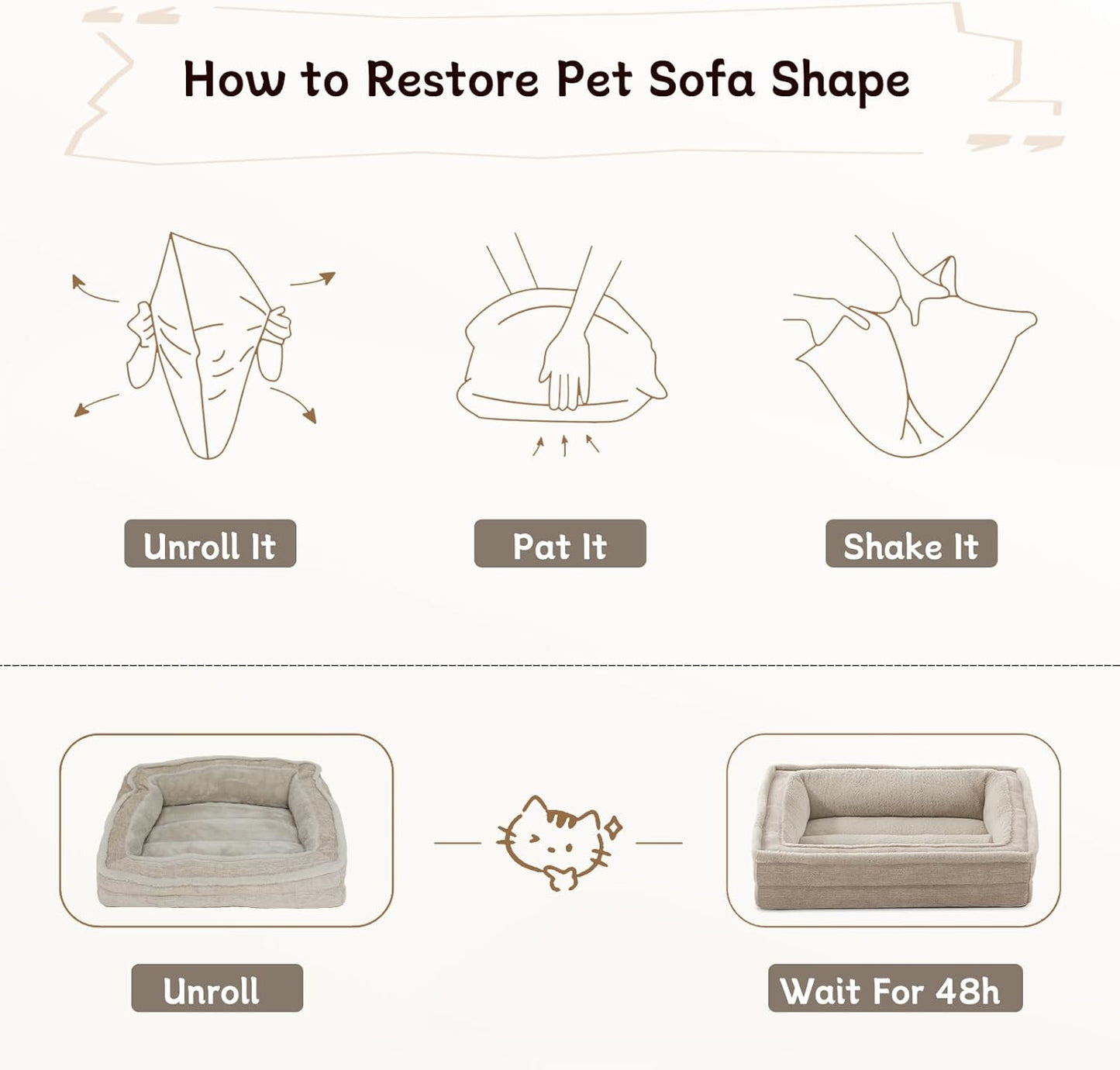 Cat Couch for Pets, Washable Cat Beds for Indoor Cats, Super Soft Plush Supportive Dog Couch Bed for Puppy and Kitten with Anti-Slip Bottom, 24inch, Beige