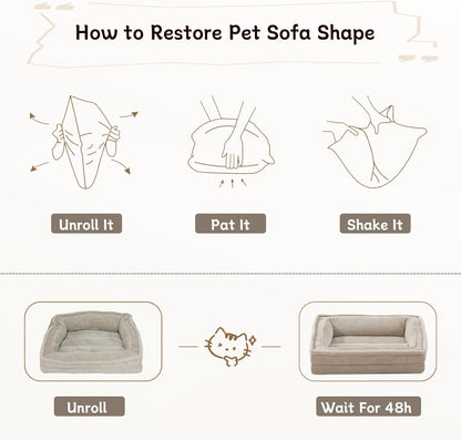 Cat Couch for Pets, Washable Cat Beds for Indoor Cats, Super Soft Plush Supportive Dog Couch Bed for Puppy and Kitten with Anti-Slip Bottom, 24inch, Beige