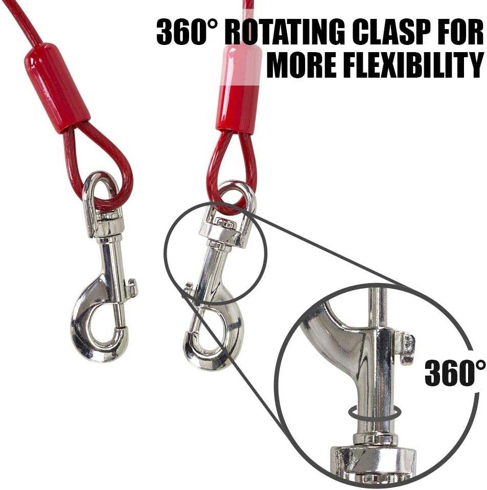 BV Dog Tie Out Cable 30 Feet - Heavy Duty Dog Lead Up to 125 Pounds - Reflective & Rust-Free with Quick Release Swivel Clips & 360° Rotating Clasp - Tangle-Free Dogs Runner for Yard (Red, Single)