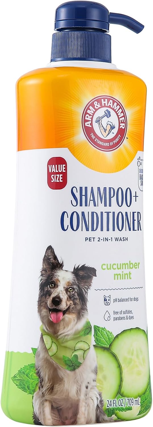 Arm & Hammer for Pets 2-in-1 Shampoo & Conditioner for Dogs, Value Size Bottle with Pump | Dog Shampoo & Conditioner in One | Cucumber Mint, 24 Ounce Bottle Dog Shampoo and Conditioner for All Dogs