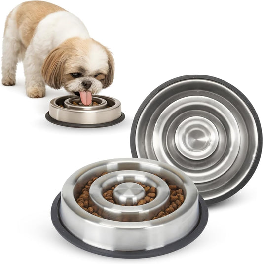 9.5 oz Slow Feeder Dog Bowls, 1 Cup Capacity Spiral Style Stainless Steel Small Dogs & Cats Food Dishes for Fast Eaters, Nonslip Durable Feeding Puzzle Bowl | Slo Down Eating for 10–35lbs
