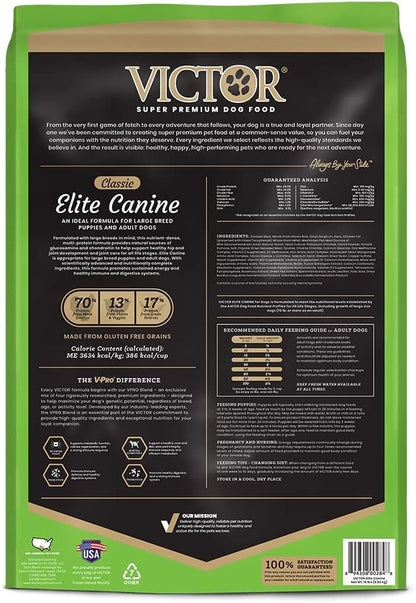 VICTOR Super Premium Dog Food – Elite Canine Dry Dog Food with Chicken & Fish Meal – 25% Protein, 14% Fat, Gluten Free – for Large Breed Dogs & Puppies, 15lbs