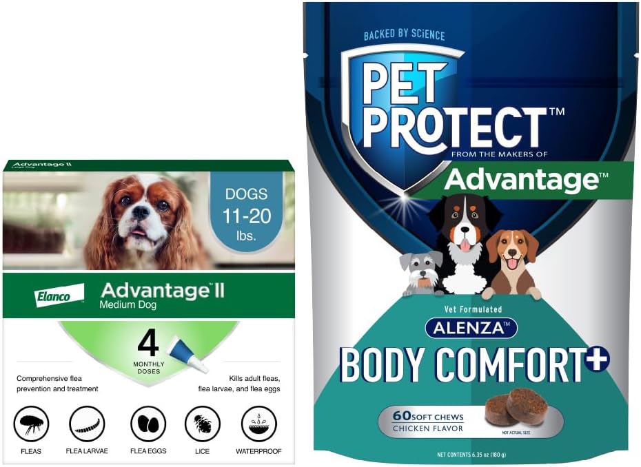 Bundle of Advantage II Medium Dog| Dogs 11-20 lbs. | 4-Month Supply + Pet Protect Body Comfort+ Supplement for Dogs | 60 Chews
