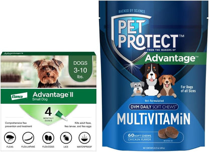 Bundle of Advantage II Small Dogs 3-10 lbs. | 4-Month Supply + Pet Protect Daily Multivitamin for Dogs | 60 Chews with Vitamins