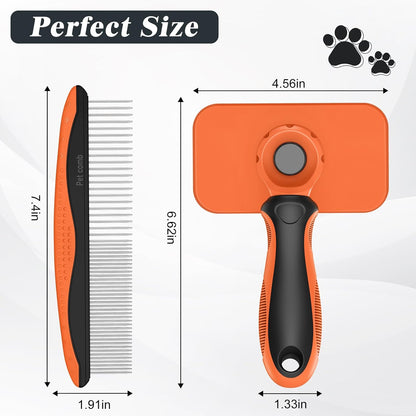 2PCS Self Cleaning Slicker Brush & Dog Comb - Skin Friendly Deshedding Grooming Tool for Dogs, Cats and Small Animals, Professional Deshedding Dematting Tool for Long and Short Haired Pets (Orange)