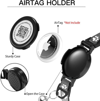 Waterproof Airtag Cat Collar with QR TAG & Reflective, Footprints Pattern, Lightweight Kitten Collar for Apple AirTag, Hidden GPS Tracker Holder for Cats, Kittens (Black)(7-12”)
