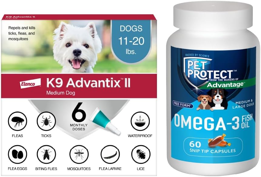 Bundle of K9 Advantix II Medium Dog Vet-Recommended Flea, Tick & Mosquito Treatment & Prevention | Dogs 11-20 lbs. | 6-Mo Supply + Pet Protect Omega 3 Supplement for M/L Dogs | 60 Capsules