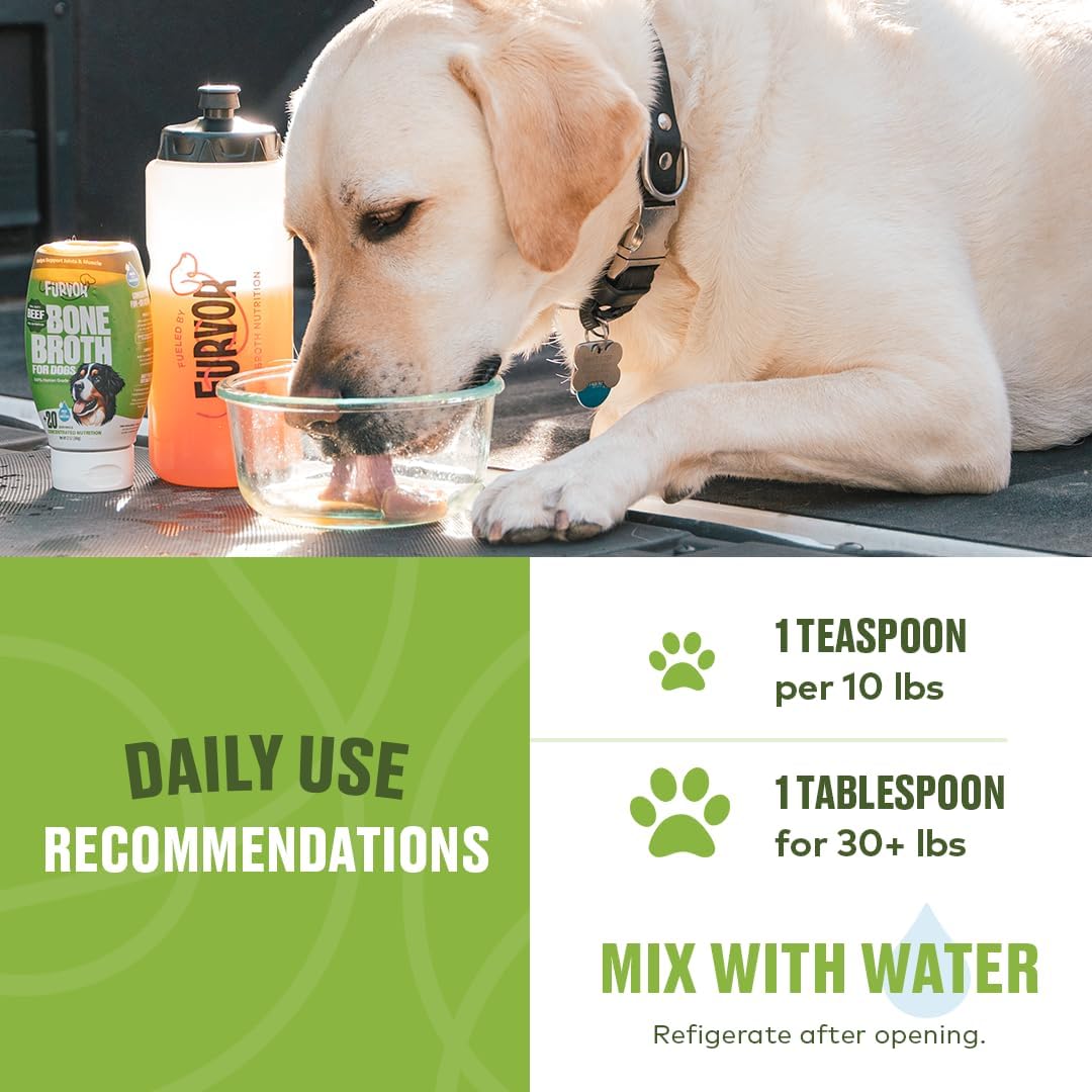 Furvor Beef Mobility Support Bone Broth Concentrate for Dogs - Collagen Protein Supplement - Boosted w/Amino Acids, Glucosamine, and Chondroitin - Dog Food Topper - Human Grade (16 oz, 30 Servings)