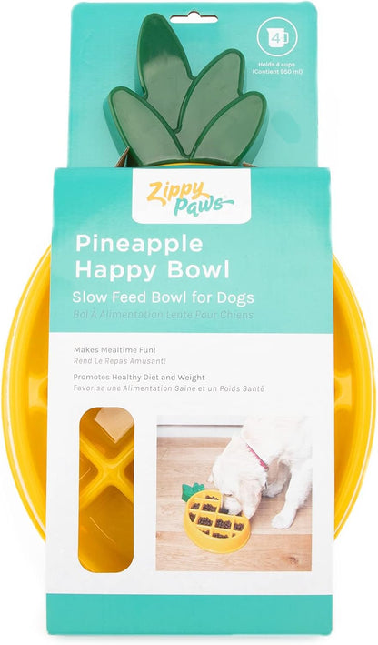 ZippyPaws Happy Bowl Slow Feeder Bowls for Dogs, Puzzle Dish for Pet Food to Slow Eating, Pineapple
