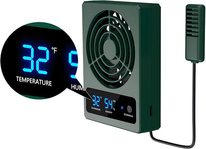 Reptile Ventilation Fan with Humidity Sensor and High-Temp Alarm, Digital Display Fan Dehumidifier for Reptile Terrariums, Suitable for Humid Environments, Rainforests and Vivariums - Green