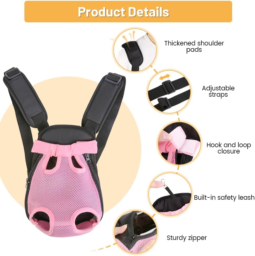 Inspack Dog Backpack Carrier/Cat Carrier, Adjustable Pet Front Carriers Travel Bag for Puppy Medium Dogs, Legs Out, Soft Ventilated Doggie Chest Carry Backpacks for Hiking/Camping, 2.5-4 lbs, Pink