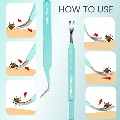 Tick Removal Tool Kit for Dogs, Cats & Humans – Stainless Steel Tick Tweezer, Fork & Dual-Head Clamp with Leather Pouch, Safe & Easy Tick Remover for Pets, Ideal for Grooming & Outdoor Travel
