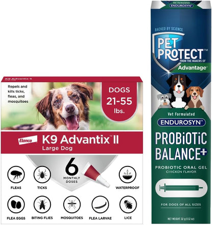 Bundle of K9 Advantix II Large Dog 21-55 lbs. 6-Mo Supply + Pet ProtectProbiotic Balance+ Dog Supplement | Oral Gel | 32g
