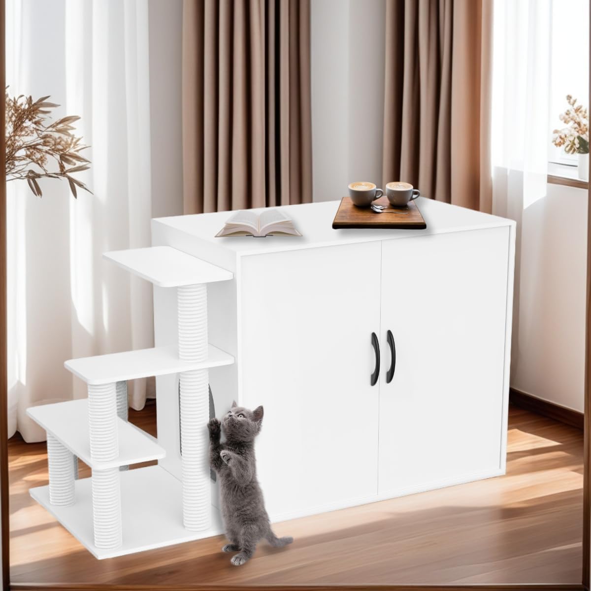 LuckyEnergy 2025 Upgraded 2-in-1 Cat Litter Box Furniture with Cat Tree – Hidden Odor Control Enclosure for 2 Cats, Dual Entry, Ventilation, Modern TV Stand Style