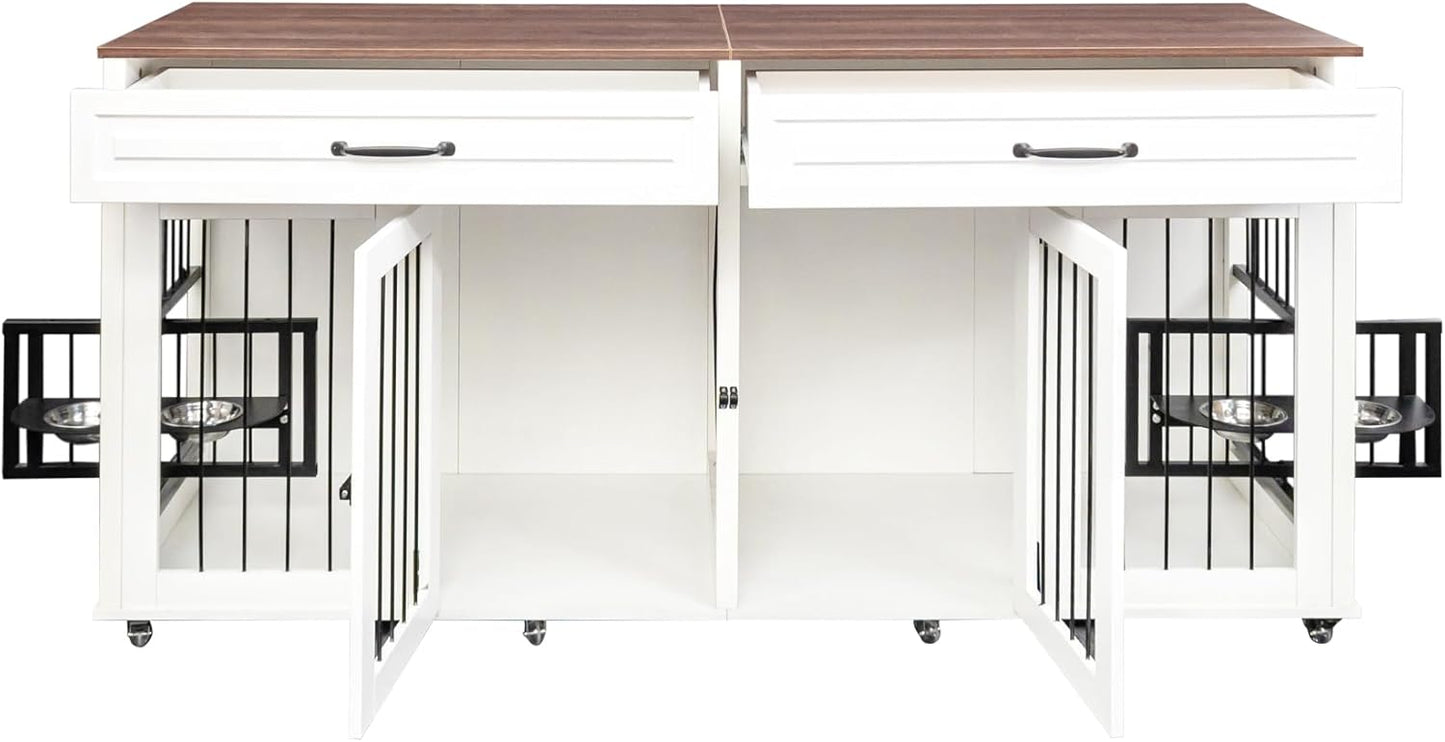 GREAZ Creates Stylish Comfort for Dogs with Heavy Duty Dog Cage, Double Door Design, Space-Saving Furniture Style, White and Walnut