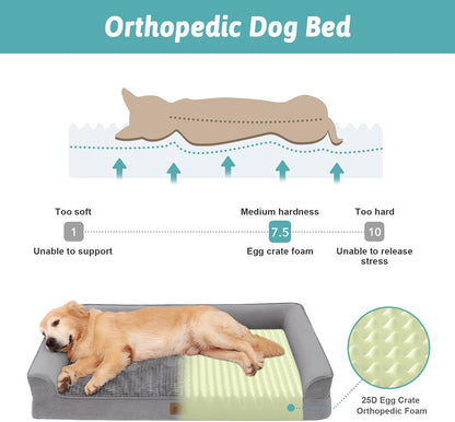 Orthopedic Dog Bed for Large Dog, XL Pet Sofa for Extra Large Dog, Big Supportive Foam Bolster U Shaped Couch with Waterproof Lining Cover, Anti-Slip, Comfort, Washable, 42x30x7.5 inch, Grey