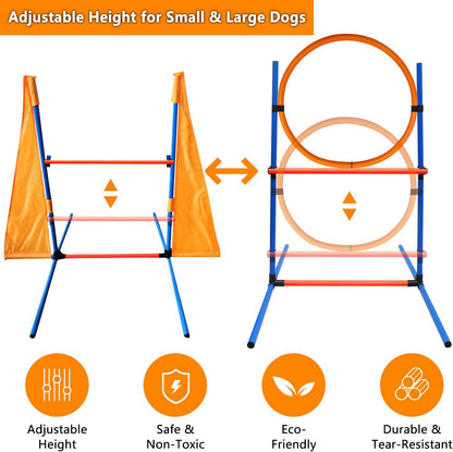 Premium Dog Agility Training Set Outdoor Indoor Game, Tire Jump + Hurdle Jump, Tunnel, Weave Poles, Pause, 2 Toy Balls, 2 Discs, 1 Whistle, 1 Bag, 2 Training Clicker Backyard Dog Obstacle Course Kit