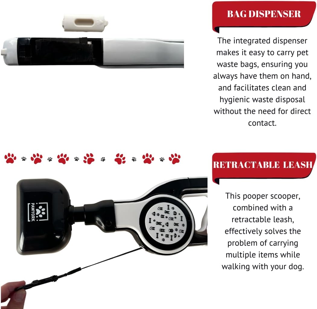 17" Pooper Scooper with Retractable Leash - 4 in 1 Dog Pet Waste Picker with Leash for Outdoor Use and 2x20 Waste Bag Rolls - Poop Scooper for Dogs